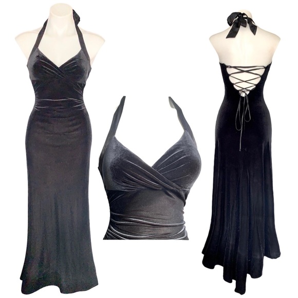 Vintage Dresses & Skirts - v i n t a g e :: Gorgeous Black Velvet Corset Tie Halter Maxi Dress